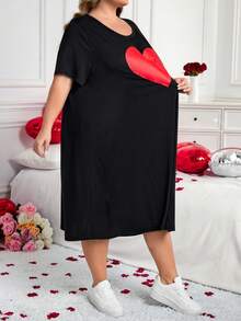 SHEIN CURVE+ 加大码/情人节/大码舒适弹力长袖短袖黑色休闲连衣裙，夏季百搭 - 黑色 - 查看 4