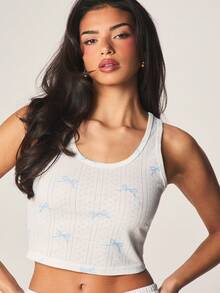 MISSGUIDED Printed Bow Pattern Tank And Wide Leg Pajama Pants Lounge Set For Sleep And Relaxation - Blue and White - View 4