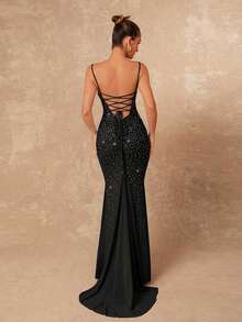Lumalex Rhinestone Ombre Luxurious Mermaid Dress With Spaghetti Straps, Bodycon And Fishtail Hem For Women ,Summer Lace Up Black Club Sparkly Glitter Corset - Black - View 6