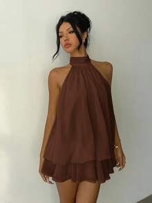 Aloruh Vestido mini elegante de mujer con cuello halter y lazo en color amarillo claro - Óxido marrón - Ver 6