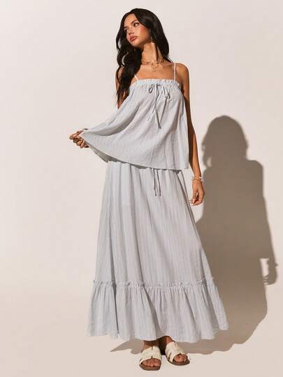 Poéselle Women's  Blue Casual Striped Camisole & Skirt 2 Pieces Set,Casual Sets For Women,Vacation Outfits Women,Holiday Outfits For Women ,Beach Outfit,Summer Outfits For Women,Spring/Summer Summer Maxi Dress Women Sun Dresses For Women Flowy Long Dress Summer Tiered Maxi Dress Two Piece Set Women Dress