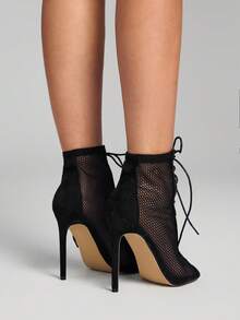 ROMWE Goth Fall/Winter 2025 Suedette Stiletto Heeled Lace-Up Front Sandal Boots, Ladies' Fashionable Black Plain Sandal Boots,Party Outfits - Black - View 7