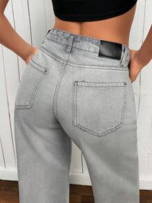 EURMUSE 休闲水洗复古做旧直筒牛仔裤 - 灰色 - 查看 3