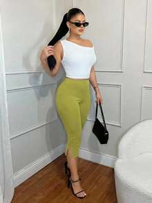 SHEIN SXY 女士纯色高腰休闲百搭日常修身开衩七分打底裤 - 綠色 - 查看 6