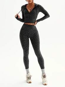 Dewbera 2pcs Women Seamless Leopard Print Hooded Zipper Thumb Hole Long Sleeve Sweatshirt And 7/8 Leggings Sports Suit For Running, Fitness, Yoga - Black - View 4