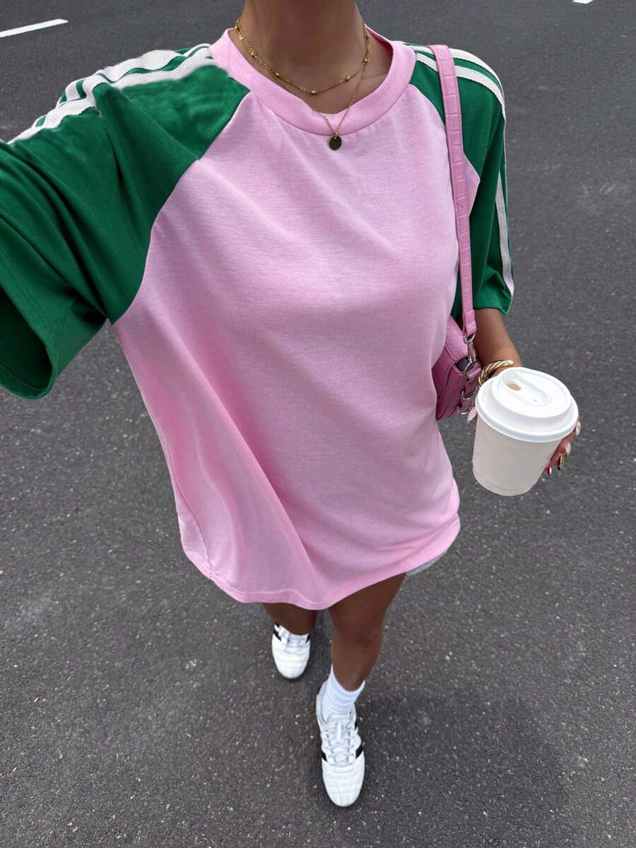 Muchica Plus Size Casual Knitted Round Neck Striped Pink Green Raglan Sleeve T-Shirt Raglan Sleeve Top Pink And Green T-Shirt - Pink - View 1