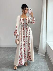 Yasmyna Women's Vintage Square Neck Long Sleeve Waist Cinched Dress, Slimming, Spring/Autumn - Multicolor - View 5