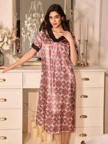 LuxeNights Nuisette vintage à manches courtes avec garniture en dentelle florale pour femmes - Multicolore - Voir 3