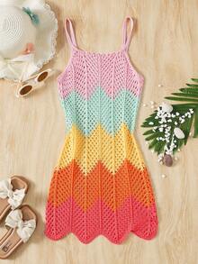 SHEIN Tween Girl Patchwork Hollow Out Casual Beach Cover Up Slip Dress - Multicolor - View 1