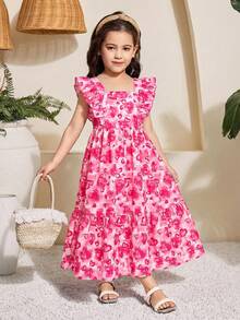 SHEIN Serisse Kids 少女碎花方领荷叶边蝴蝶结露背镂空连衣裙 - 彩色 - 查看 7