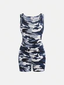 SHEIN Tween Girls' Casual Fashionable Street Style Camouflage Pattern U-Neck Fitted Printed Jumpsuit - Blue - View 5