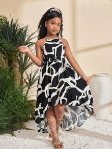 SHEIN Đầm không tay cổ yếm họa tiết hoa tối giản thanh lịch dành cho bé gái tuổi teen - màu đen - Xem 4