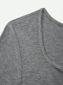 Ocili Bộ đồ ngủ gồm áo dài tay cổ vuông màu trơn và quần dài cho nữ - Màu xám đen - Xem 5