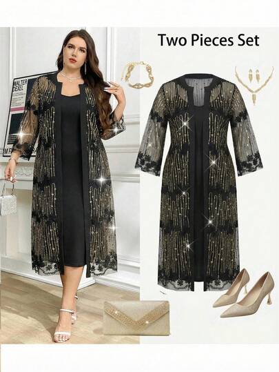 Ellevyn Plus Size Women Sequin Mesh Robe And Robe Set, Elegant And Glamorous