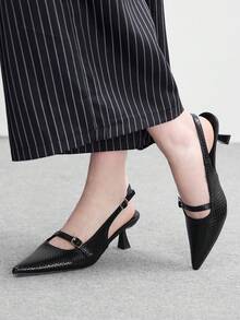 CUCCOO BIZCHIC 黑色编织纹理尖头高跟鞋，无后跟搭扣细跟通勤鞋，女士 - 黑色 - 查看 5