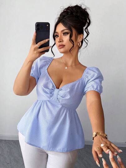 Elenzga Plus Size Women V-Neck Puff Sleeve Short Sleeve Striped Shirt, Elegant Versatile And Comfortable Casual Wear Tops For Women Summer Cute Trending Outfits For Women Summer Outfits For Women Blouse For Women Casual Elegant Latest Tops For Women New Arrivals