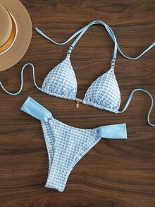 Swim Mod New Arrival Elegant Boho Women's Light Blue Geometric Textured Triangle Bikini Set, Sexy, Cute And Playful Y2K Spice Hot Girl Styleswimsuit With Golden Star Charm Detail, Halter Neck Tie, Side Bandage Bottoms, High Cut Cheeky Fit,Tanning Suit, Retro Swimwear, Summer Pool Party Beach Outfit, For Summer Beach Vacation, Music Festival, Tropical Coastal Brunch Outings, Seaside Pool Parties, Coastal Island Vacay&Mod Vibes - Blue and White - View 1