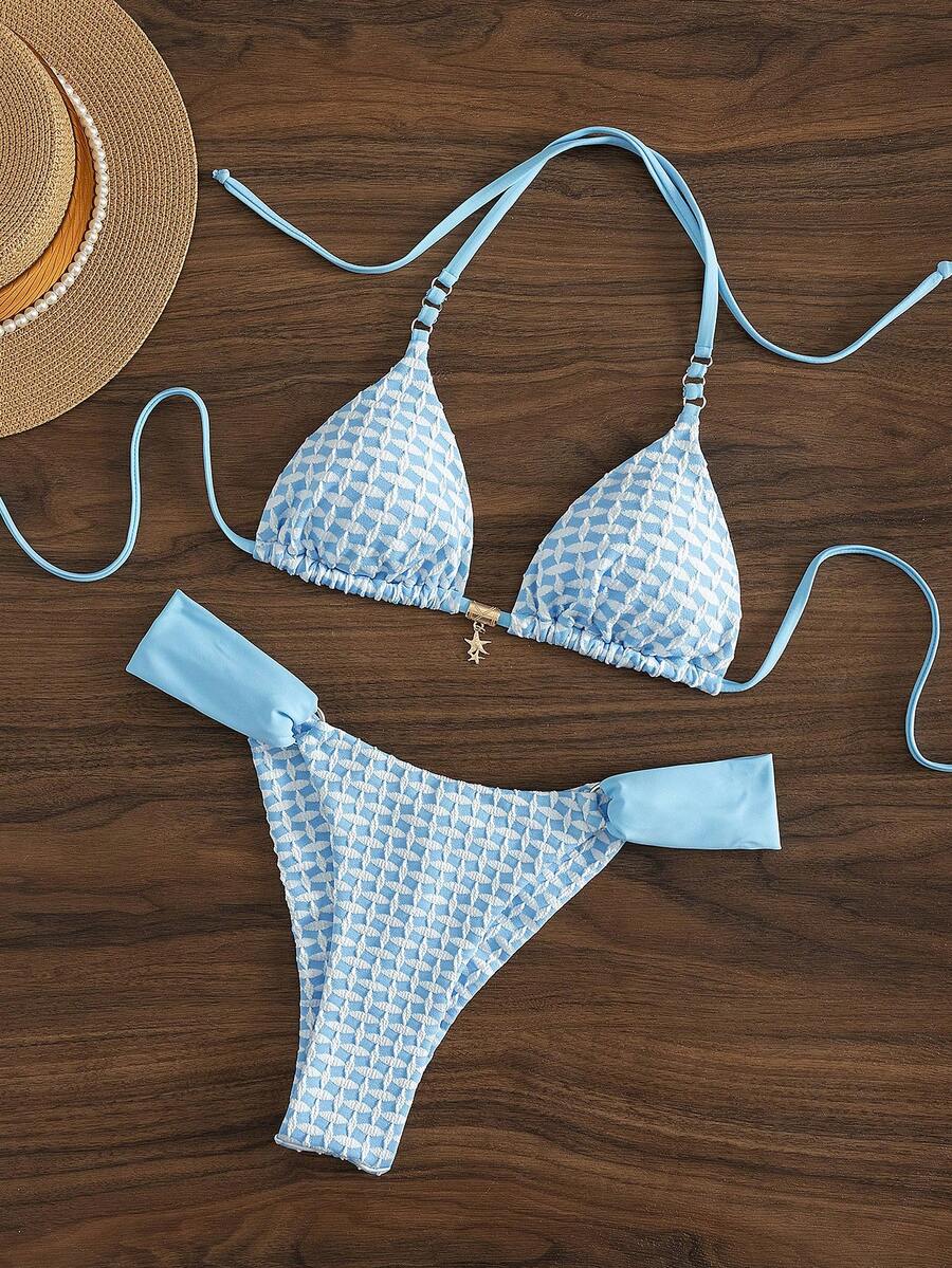 Swim Mod New Arrival Elegant Boho Women's Light Blue Geometric Textured Triangle Bikini Set, Sexy, Cute And Playful Y2K Spice Hot Girl Styleswimsuit With Golden Star Charm Detail, Halter Neck Tie, Side Bandage Bottoms, High Cut Cheeky Fit,Tanning Suit, Retro Swimwear, Summer Pool Party Beach Outfit, For Summer Beach Vacation, Music Festival, Tropical Coastal Brunch Outings, Seaside Pool Parties, Coastal Island Vacay&Mod Vibes - Blue and White - View 1