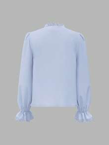 Vintamour 复古优雅女士蕾丝拼接V领衬衫，适合工作、返校、教师等场合，复古长袖纽扣衬衫 - 淺藍色 - 查看 4