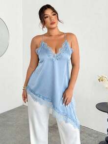 Firerie Plus Size Sexy Solid Color Lace Patchwork Asymmetric Hem Camisole, Summer Tops - Blue - View 2