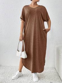 SHEIN Essnce 大码女装春夏新款时尚通勤休闲口袋开衩长款睡袍连衣裙 - 棕色 - 查看 3