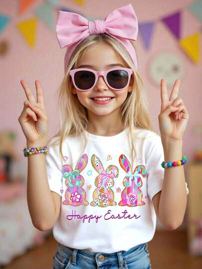 Camiseta de manga corta con cuello redondo y estampado de conejo casual para niña, verano