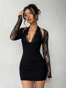 Aloruh 女士新款春季情人节约会之夜派对外出浪漫优雅迷人性感蕾丝拼接镂空鱼骨紧身迷你连衣裙 - 黑色 - 查看 6
