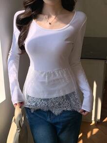 FRIFUL Women's Crew Neck Fitted Lace Patchwork Hem Sweet Layered Long Sleeve T-Shirt, Spring/Summer - White - View 2