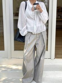 FRIFUL Women's Loose Fit Sheer Round Neck Long Sleeve Blouse - Apricot - View 6