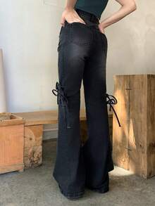 FRIFUL Women's Fashion Street Washed Tie Flared Jeans With Slant Pockets - Blue - View 7