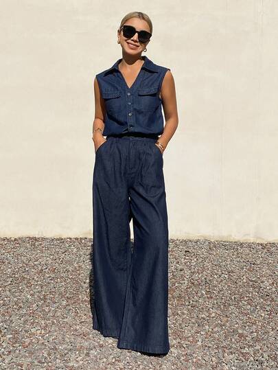 Livesso Spring & Summer Vintage Washed Blue Sleeveless Big Pocket Denim Vest Cardigan Top & Loose Casual Straight Leg Jeans Pants Set, Suitable For Commuting, Casual, Vacation, Wedding