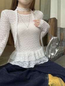 DAZY 女士透视蕾丝荷叶边领长袖T恤，性感轻盈防晒百搭上衣 - 白色 - 查看 5