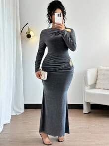 Elenzga Plus Size Women Elegant Sexy Mermaid Long Sleeve Dress, Spring/Summer - Black - View 4