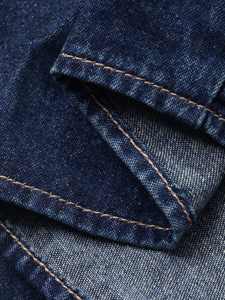 Women's Summer Collared Short Sleeve Pocket Decor Fitted Open Front Casual Elegant Washed Denim Blouse