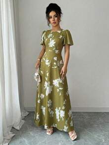 Elenzga Đầm nữ thanh lịch, lãng mạn, tay bồng, cổ tròn, thắt eo, in kỹ thuật số. - Nhiều màu - Xem 4