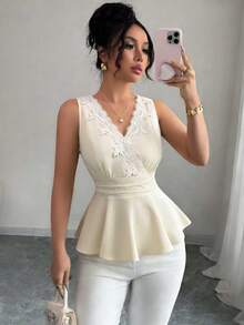 Lyxana Women's Solid Color V-Neck Lace Patchwork Elegant Fashion Camisole - Apricot - View 5