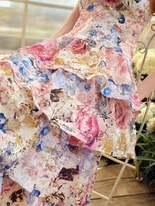 MOTF PREMIUM 女士浪漫印花无袖叠层中长连衣裙，春夏款 - 紫色 - 查看 3