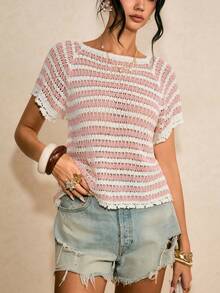 Poéselle 粉白条纹钩针短袖上衣，镂空露背针织衫，可爱夏季波西米亚风度假衬衫，女士条纹圆领插肩短袖镂空针织上衣，法式风格上衣，女士沙滩装，女士夏季钩针上衣，女士夏季上衣，女士针织上衣 - 粉色 - 查看 7