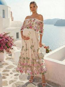 Loomaby 孕妇花卉刺绣网纱露肩优雅连衣裙 - 彩色 - 查看 1