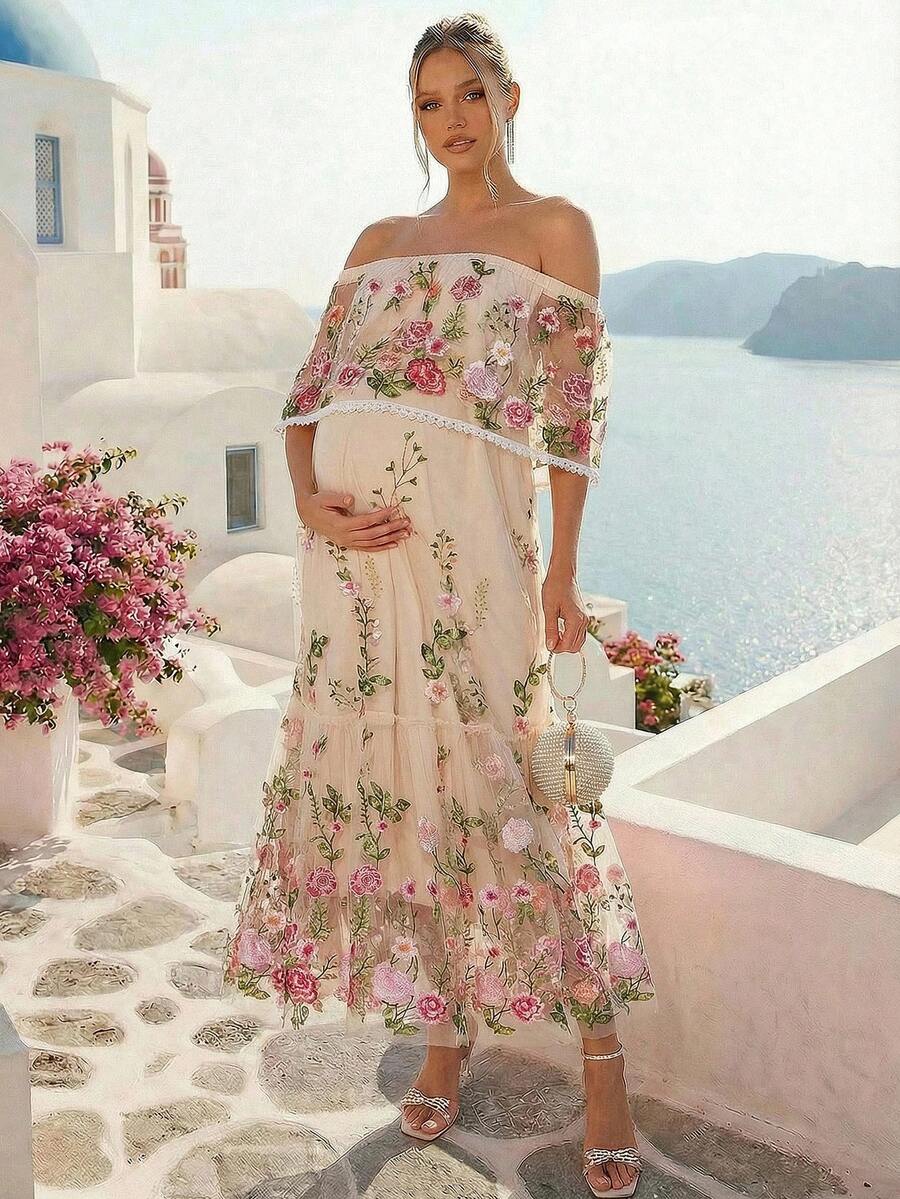 Loomaby 孕妇花卉刺绣网纱露肩优雅连衣裙 - 彩色 - 查看 1