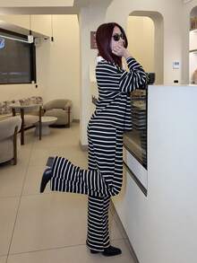 Abrilcols 女式两件套宽松条纹 V 领落肩长袖 T 恤和松紧腰条纹裤，冬季毛衣套装，秋冬 - 黑色 - 查看 4