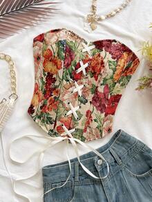 Soleia Floral Print Lace-Up Fishbone Bodycon Top - Apricot - View 5