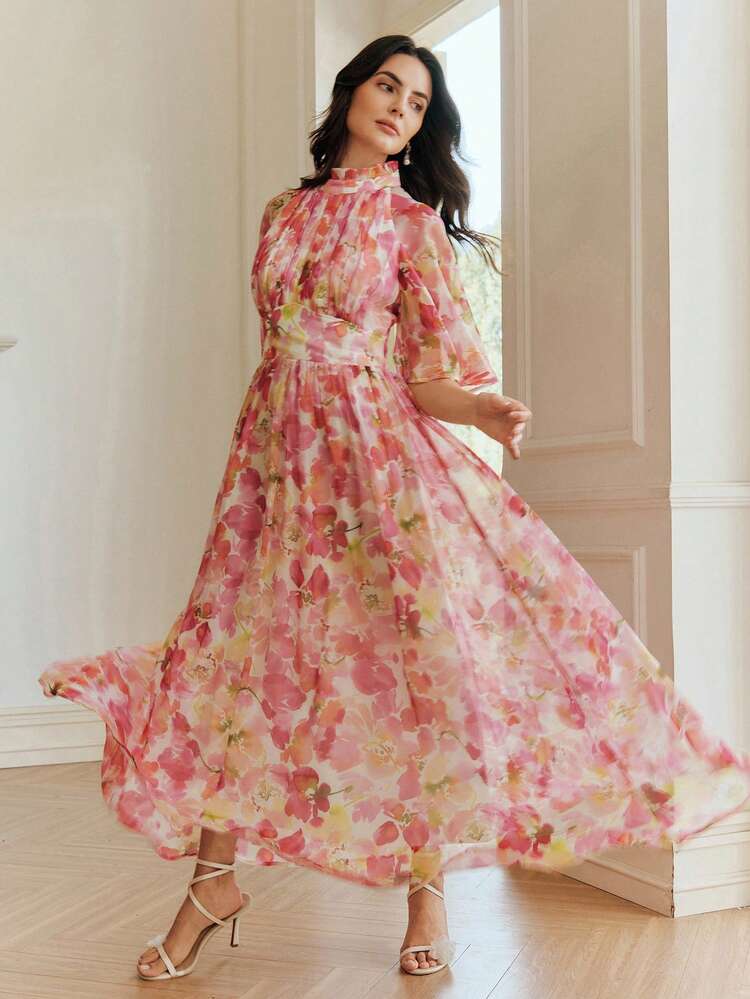 Elegant Multicolor Floral Random Print Long A Line Ball Gown With Ruffle Hem Stand Collar Half Puff Sleeve Woven Fabric Dress