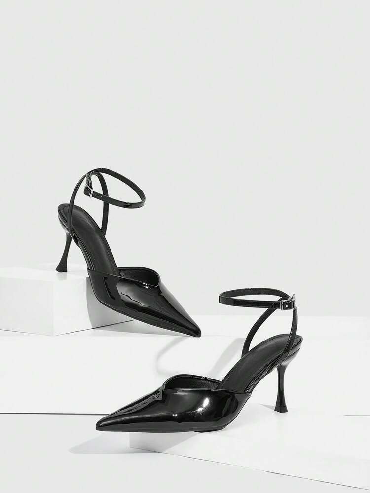 CUCCOO SZL Women's Pointed Toe Black Patent Leather Ankle Strap Wrap Decor Sexy Stiletto High Heel Sandals, Fashion For Date, Party