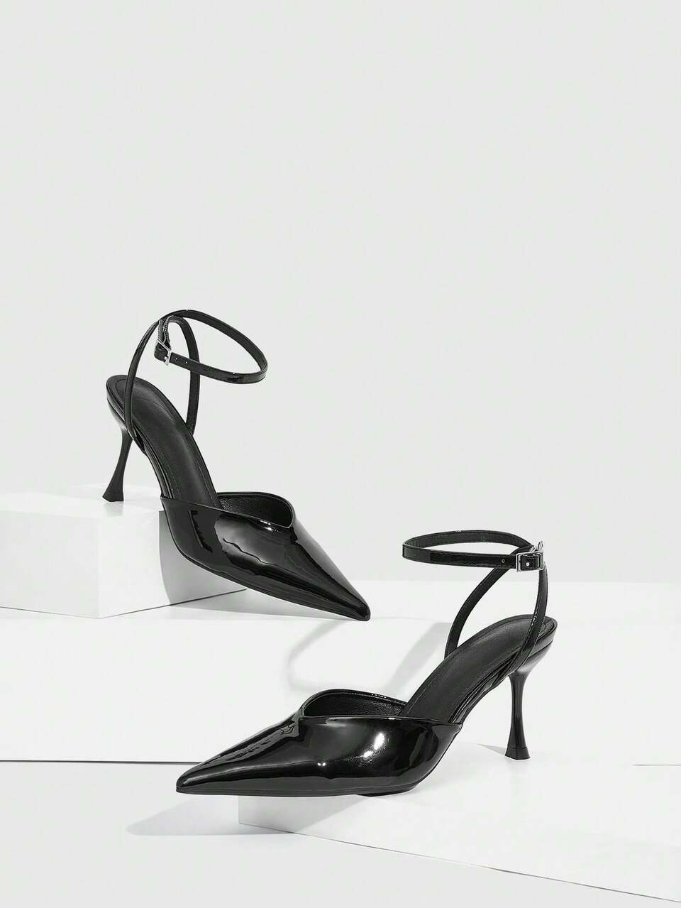 CUCCOO SZL Women's Pointed Toe Black Patent Leather Ankle Strap Wrap Decor Sexy Stiletto High Heel Sandals, Fashion For Date, Party Summer Shoes