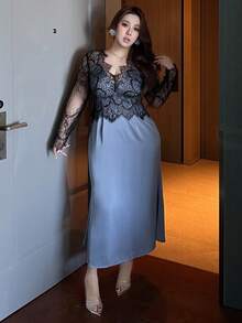 Dazy Plus Elegant maxiklänning med sjöjungfrukant och kontrasterande spets, vår/sommar - Blå - Visa 7