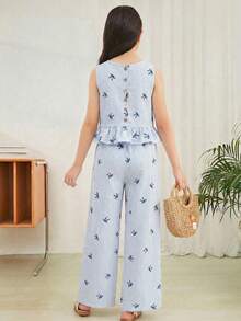 SHEIN 少女度假休闲编织蓝色蝴蝶结印花条纹吊带背心和阔腿裤套装，蓝色条纹背心两件套 - 藍色 - 查看 3