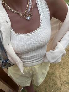 Livesso 夏季度假装蕾丝拼接纹理修身女式背心 - 米色 - 查看 6