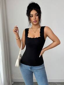 SHEIN Elenzya 女士黑色波浪下摆方领修身吊带背心，夏季百搭 - 黑色 - 查看 5