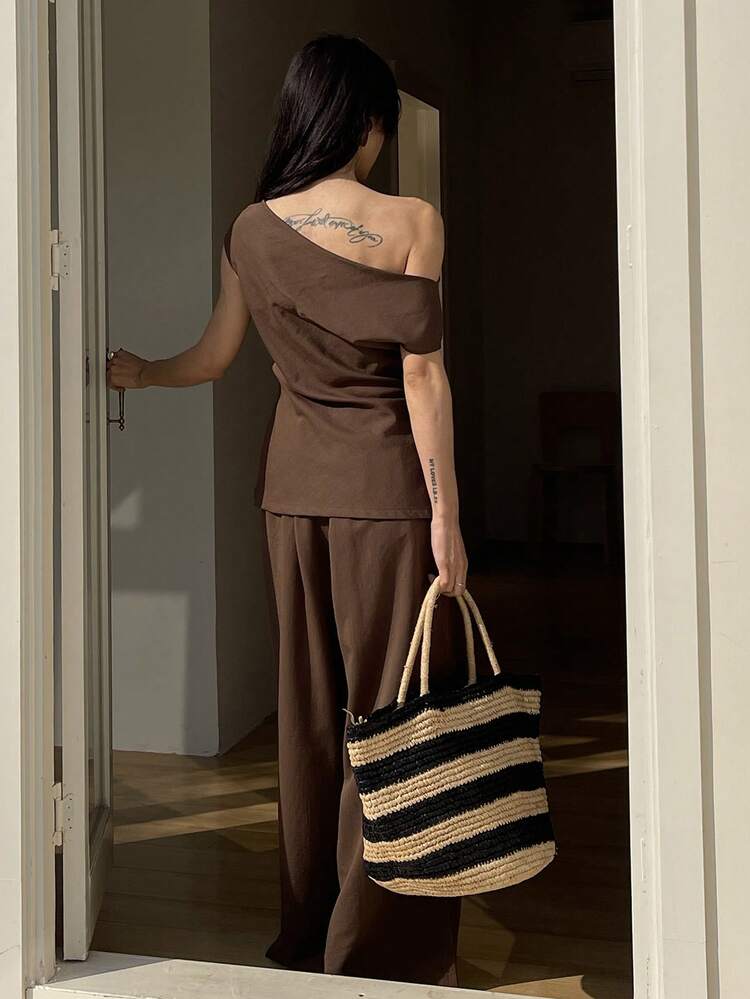 Women's Casual Solid Color Asymmetrical Shoulder Camisole And Wide Leg Pants 2 Pieces Set, Summer